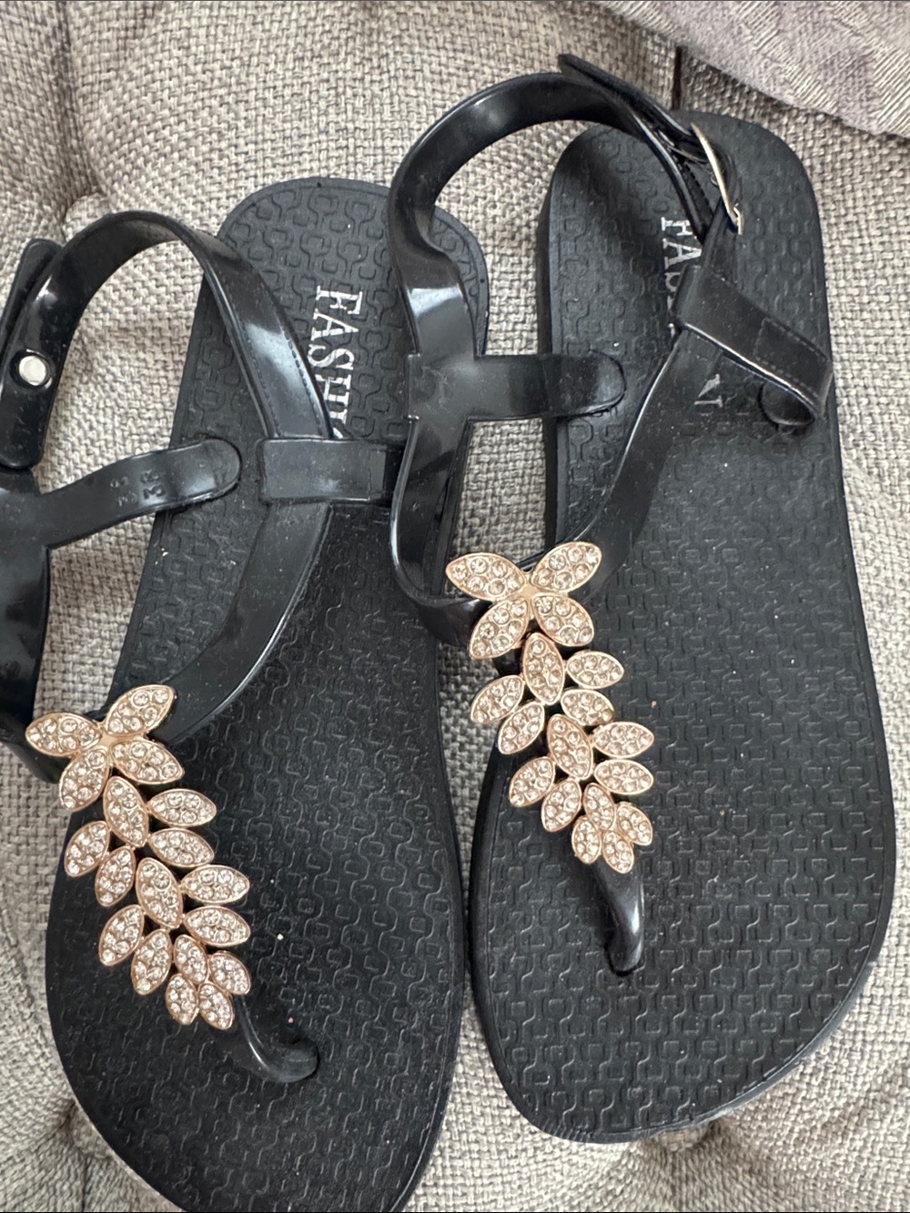 Ipanema Black Sandals with Gold Leaf Crystal Embellishments